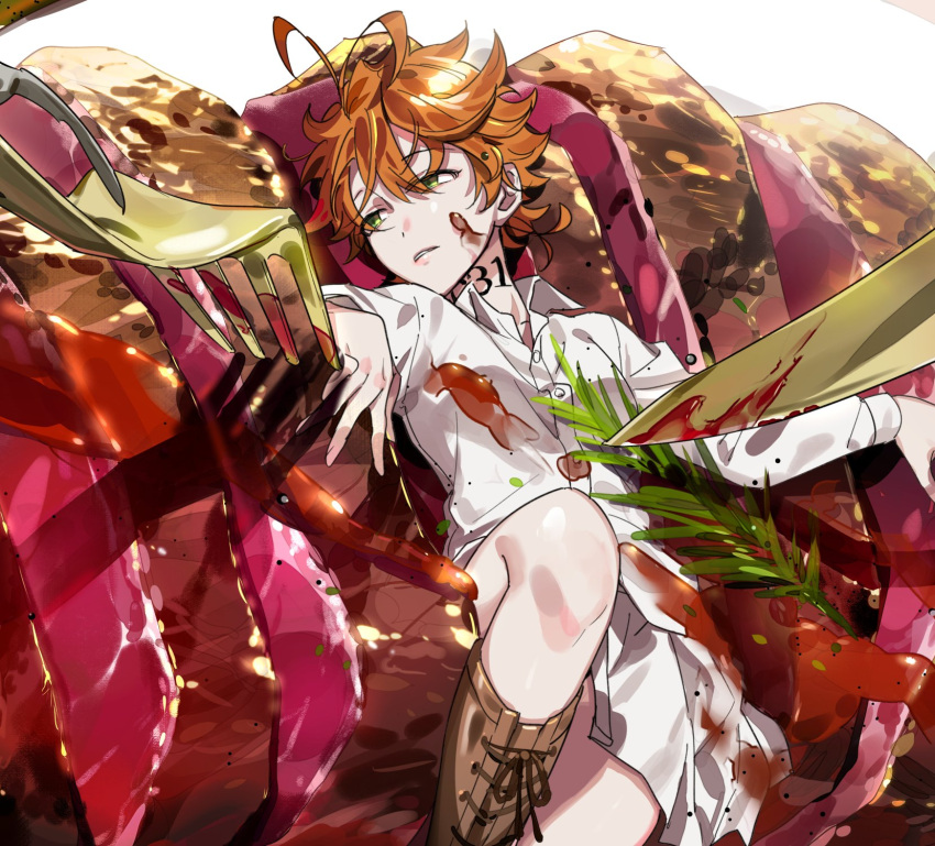 1girl ahoge boots cutlery dirty_clothes dirty_face emma_(yakusoku_no_neverland) food food_on_clothes food_on_face fork green_eyes highres knife leather leather_boots long_sleeves lying meat neck_tattoo number_tattoo on_back on_plate open_mouth orange_hair sauce shoelaces short_hair skirt solo tattoo yakusoku_no_neverland yala1453