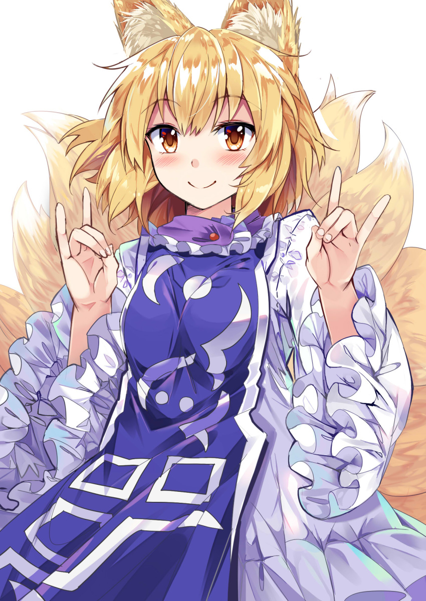 1girl animal_ear_fluff animal_ears bangs blonde_hair blush commentary_request cowboy_shot dress e.o. eyebrows_visible_through_hair fox_ears fox_shadow_puppet fox_tail frilled_dress frilled_shirt_collar frilled_sleeves frills hands_up highres long_sleeves multiple_tails no_hat no_headwear short_hair simple_background smile solo tabard tail touhou white_background white_dress wide_sleeves yakumo_ran yellow_eyes