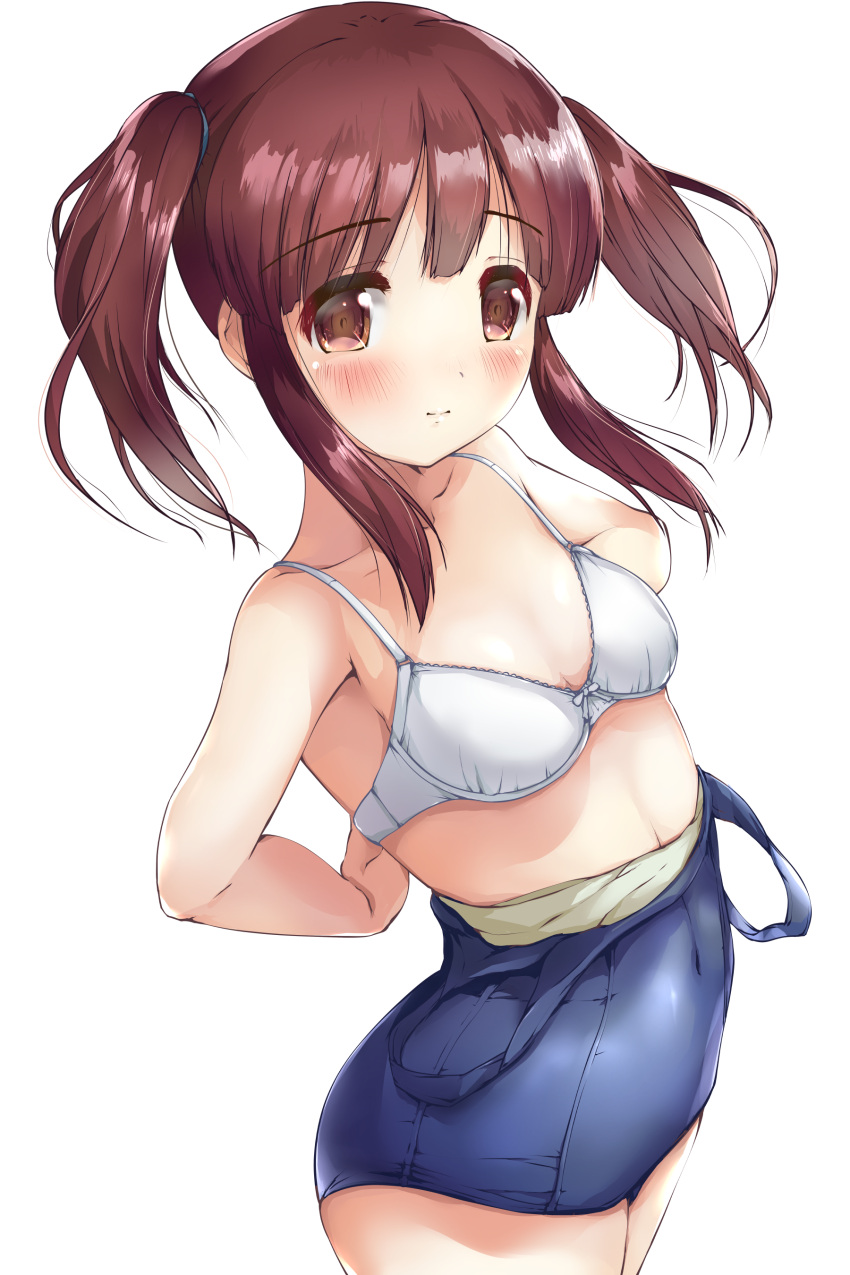 1girl absurdres blue_swimsuit blush bra breasts brown_eyes brown_hair collarbone commentary_request covered_navel cowboy_shot highres idolmaster idolmaster_cinderella_girls kuroba_aki looking_at_viewer ogata_chieri school_swimsuit simple_background small_breasts solo standing swimsuit swimsuit_pull twintails underwear undressing white_background white_bra