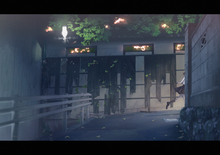 1girl amino_(tn7135) around_corner black_skirt city film_grain highres leaf letterboxed original railing road running scenery school_uniform skirt solo street tree