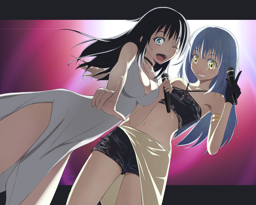 2girls ;d armlet black_gloves black_hair black_shorts blue_eyes breasts choker cleavage collarbone cool_(am2) dress dutch_angle floating_hair gloves grin halterneck highres holding holding_microphone index_finger_raised izawa_shizue long_hair looking_at_viewer medium_breasts microphone midriff multiple_girls navel one_eye_closed open_mouth print_shorts rimuru_tempest short_shorts shorts side_slit silver_hair sleeveless sleeveless_dress smile standing stomach tensei_shitara_slime_datta_ken white_dress yellow_eyes