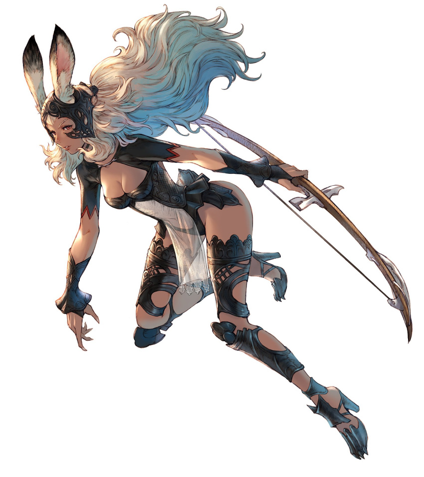 1girl animal_ear_fluff animal_ears armor bow_(weapon) breasts cleavage cleavage_cutout dark_skin ears_through_headwear female final_fantasy final_fantasy_xii fingernails fran full_body greaves helmet high_heels highres holding holding_bow_(weapon) long_hair makimura_shunsuke medium_breasts navel parted_lips pelvic_curtain rabbit_ears red_eyes revealing_clothes see-through sharp_fingernails simple_background solo vambraces viera weapon white_background white_hair