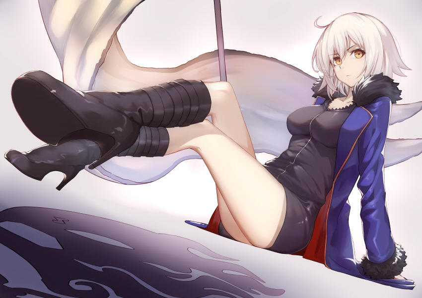1girl absurdres ahoge bangs black_dress blue_coat boots breasts commentary_request dress dutch_angle fate/grand_order fate_(series) fifty1202 flag fur-trimmed_sleeves fur_collar fur_trim high_heel_boots high_heels highres jeanne_d'arc_(alter)_(fate) jeanne_d'arc_(fate)_(all) medium_breasts reclining short_hair silver_hair sitting solo tsurime wicked_dragon_witch_ver._shinjuku_1999 yellow_eyes