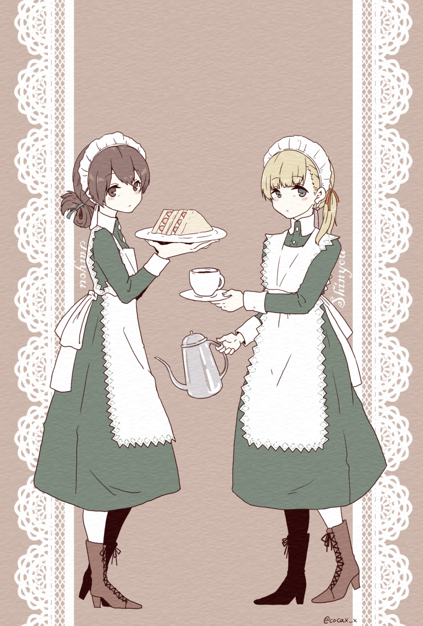 2girls alternate_costume apron bangs blonde_hair blue_eyes blue_ribbon blunt_bangs boots brown_background brown_eyes brown_footwear brown_hair cocax_x cross-laced_footwear cup dress enmaided folded_ponytail food frilled_apron frilled_dress frills full_body green_dress hair_ribbon highres kantai_collection kasuga_maru_(kantai_collection) lace-up_boots lace_background long_hair looking_at_viewer maid maid_headdress matching_outfit multiple_girls pitcher plate ribbon sandwich saucer shin'you_(kantai_collection) side_ponytail swept_bangs taiyou_(kantai_collection) teacup twitter_username white_apron
