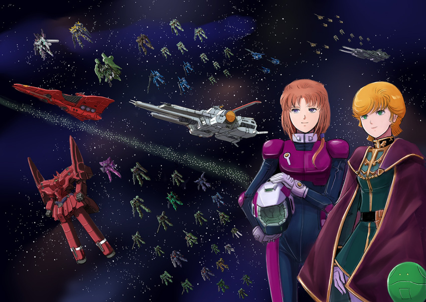 bodysuit breasts brown_hair cape commentary_request gacha-m gloves green_eyes gundam gundam_unicorn haro helmet long_hair marida_cruz mecha military military_uniform mineva_lao_zabi multiple_girls orange_hair pilot_suit ponytail short_hair space space_craft uniform