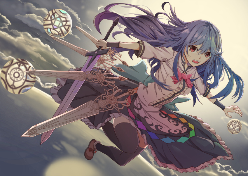 1girl black_legwear blue_bow blue_hair blue_skirt bow bowtie brown_footwear clouds cloudy_sky commentary_request day dress_shirt floating_hair frills full_body hinanawi_tenshi holding holding_sword holding_weapon long_hair ooru_(t20nozomu) open_mouth outdoors outstretched_arms rainbow_order red_bow red_eyes red_neckwear shirt shoes short_sleeves skirt sky solo sword thigh-highs touhou weapon white_shirt wristband