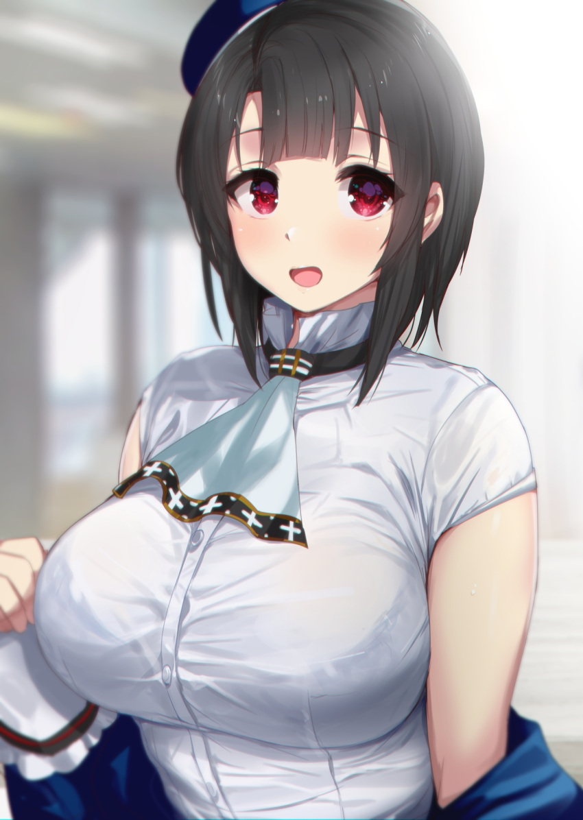 1girl bangs black_hair blush bra breasts closed_mouth commentary_request eyebrows_visible_through_hair hair_between_eyes highres indoors kantai_collection kusaka_souji large_breasts looking_at_viewer off_shoulder red_eyes revision see-through_silhouette shirt short_hair short_sleeves sidelocks smile solo sweat takao_(kantai_collection) underwear undressing upper_body wet white_shirt