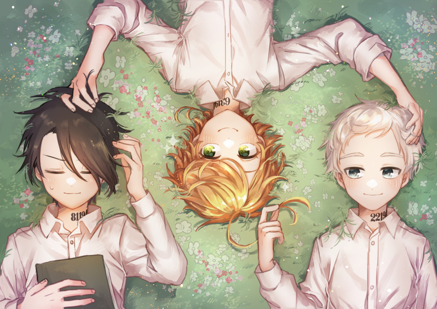 1girl 2boys ahoge black_hair blonde_hair blue_eyes blush book closed_eyes collared_shirt dress_shirt emma_(yakusoku_no_neverland) from_above green_eyes hand_in_another's_hair highres long_sleeves lying multiple_boys norman_(yakusoku_no_neverland) notsuki_(koma128) number on_back ray_(yakusoku_no_neverland) shirt short_hair silver_hair smile sweatdrop tattoo white_shirt wing_collar yakusoku_no_neverland