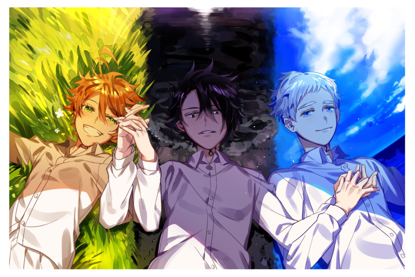 1girl 2boys :d ahoge black_eyes black_hair blue_eyes blush buttons closed_mouth clouds day emma_(yakusoku_no_neverland) flower grass green_eyes hand_holding highres long_sleeves looking_at_viewer lying multiple_boys neck_tattoo night norman_(yakusoku_no_neverland) number_tattoo on_back open_mouth orange_hair outdoors ray_(yakusoku_no_neverland) shirt shore short_hair sky smile tattoo teeth water waves white_flower white_hair white_shirt yakusoku_no_neverland yala1453