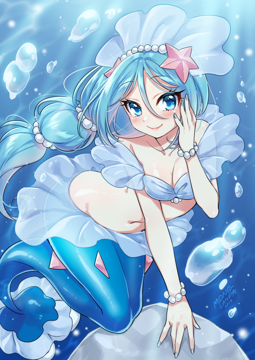 1girl 2019 bangs blue_eyes blue_hair blue_nails blush bracelet breasts cleavage closed_mouth commentary_request creatures_(company) eyebrows_visible_through_hair fingernails game_freak gen_7_pokemon hair_between_eyes hand_up highres jewelry long_hair medium_breasts mermaid mono_land monster_girl nail_polish navel nintendo pearl_bracelet personification pokemon primarina see-through signature smile solo starfish_hair_ornament underwater veil water