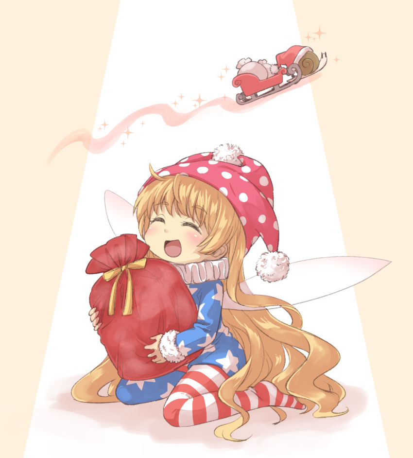 1girl :d ^_^ american_flag_dress american_flag_legwear animal blonde_hair blue_dress blush brown_background closed_eyes closed_eyes clownpiece commentary_request dress fairy_wings flying fur-trimmed_sleeves fur_trim gift hat highres long_hair long_sleeves mismatched_legwear neck_ruff nibi no_shoes object_hug open_mouth pantyhose polka_dot polka_dot_hat polos_crown print_dress red_headwear sack santa_hat sitting sled sleeves_past_wrists smile snail solo sparkle star star_print touhou transparent_wings two-tone_background very_long_hair wariza white_background wings