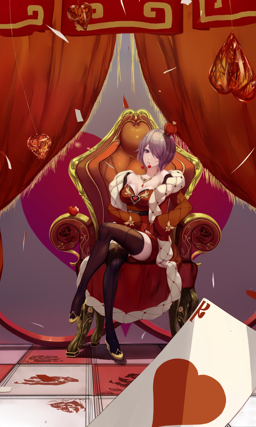 1girl absurdres ace_of_hearts alternate_costume bangs belt black_footwear black_legwear blush boots breasts brown_hair card cherry coat crown dress earrings flower food fruit full_body gloves gold hair_over_one_eye head_tilt heart heart_earrings highres honkai_(series) honkai_impact_3rd hoshino_arika jewelry large_breasts legs_crossed long_sleeves looking_at_viewer mini_crown mouth_hold necklace off_shoulder playing_card pointing red_coat red_dress rita_rossweisse ruby_(gemstone) short_hair sidelocks signature sitting smile solo thigh-highs thigh_boots tongue tongue_out