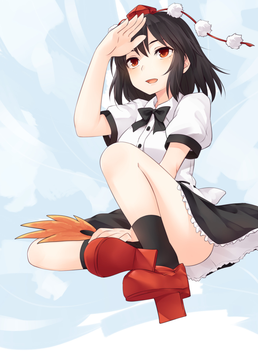 1girl arm_up ass bangs black_bow black_hair black_legwear black_neckwear black_skirt blue_sky blush bow bowtie breasts clouds commentary_request convenient_leg day fan full_body geta hat highres holding holding_fan knee_up leaf_fan medium_breasts miniskirt miyo_(ranthath) open_mouth outdoors petticoat pom_pom_(clothes) puffy_short_sleeves puffy_sleeves red_eyes red_footwear shameimaru_aya shirt short_hair short_sleeves sidelocks skirt sky smile socks solo tassel tengu-geta thighs tokin_hat touhou white_shirt