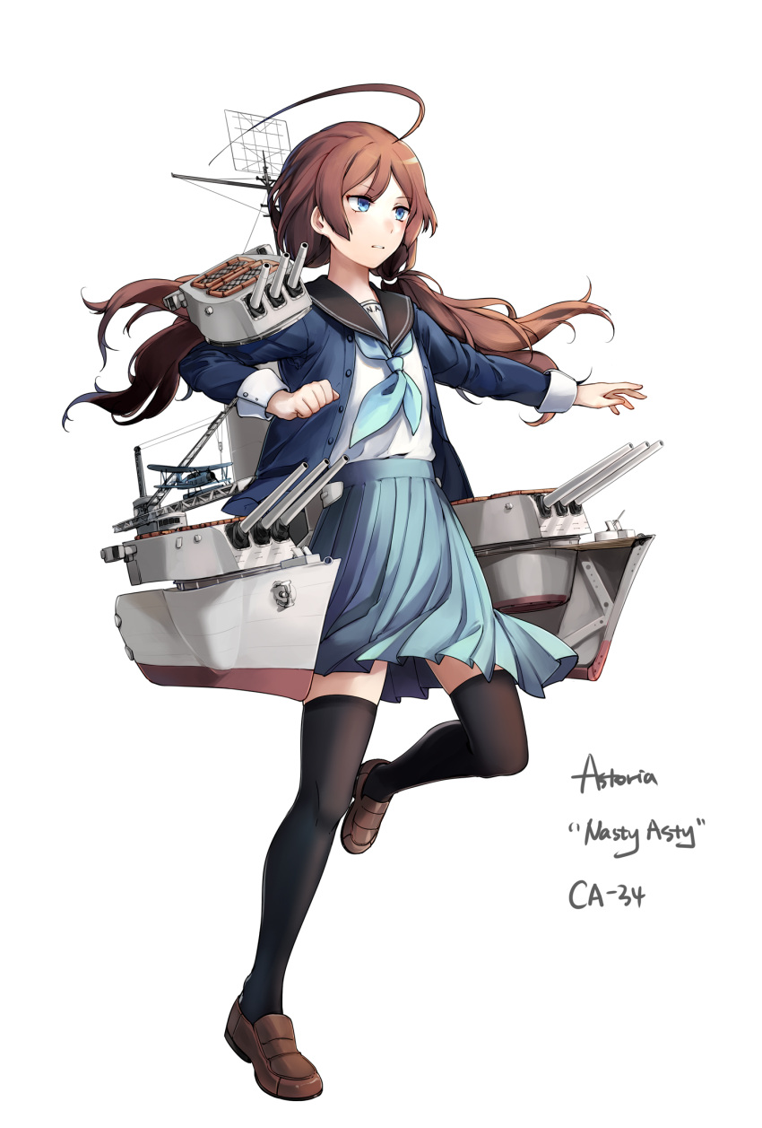 1girl aircraft airplane biplane black_legwear blazer blue_eyes blue_jacket blue_skirt brown_footwear brown_hair cannon character_name commentary crane english_commentary full_body highres jacket loafers long_hair long_sleeves low_twintails machinery mecha_musume neckerchief open_clothes open_jacket original personification pleated_skirt sailor_collar school_uniform serafuku shirt shoes simple_background skirt solo thigh-highs turret twintails uss_astoria_(ca-34) white_background white_shirt yorktown_cv-5