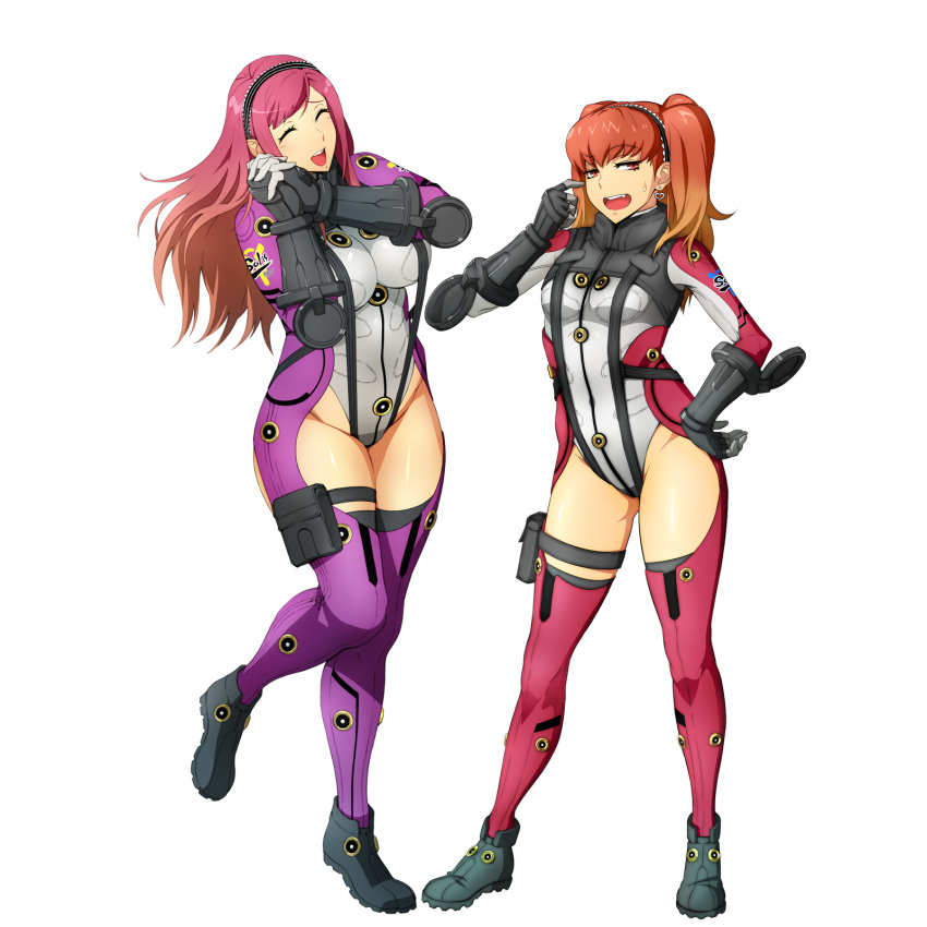 2girls bertha_bernstein bodysuit character_request closed_eyes earrings eyebrows_visible_through_hair fang full_body gloves gradient_hair hairband hand_on_hip hands_together heart heart_earrings highres holster jewelry long_hair looking_at_viewer multicolored_hair multiple_girls official_art open_mouth orange_hair redhead standing super_robot_wars super_robot_wars_x-omega sweatdrop transparent_background twintails two-tone_hair watanabe_wataru