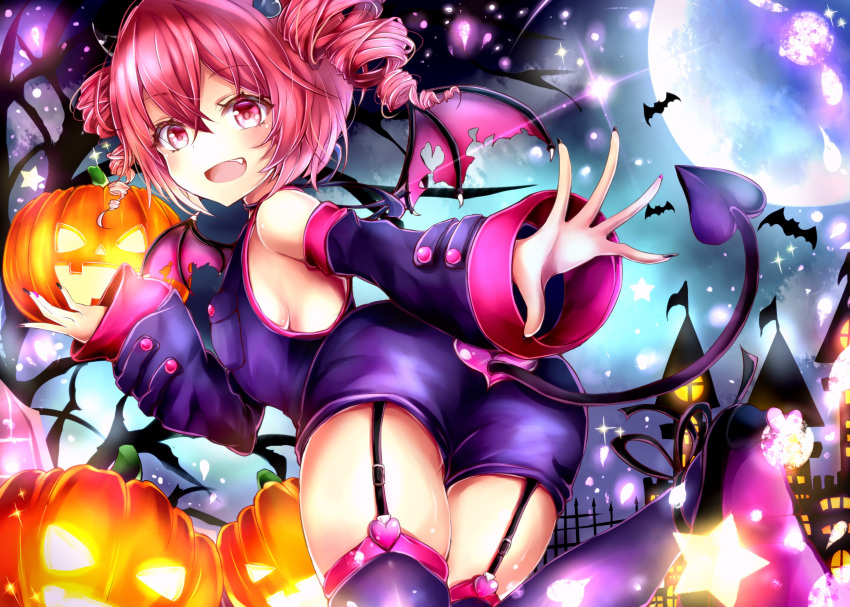 1girl absurdres bare_shoulders bat blush castle commentary cowboy_shot demon_tail demon_wings detached_sleeves drill_hair fang flag from_behind garter_straps gate halloween heart highres holding_jack-o'-lantern horns imp jack-o'-lantern kasane_teto leaning_forward looking_at_viewer moon night outstretched_arm red_eyes redhead shirt short_hair shorts sleeveless sleeveless_shirt smile tail thigh-highs torn_wings twin_drills utau wings xaruex