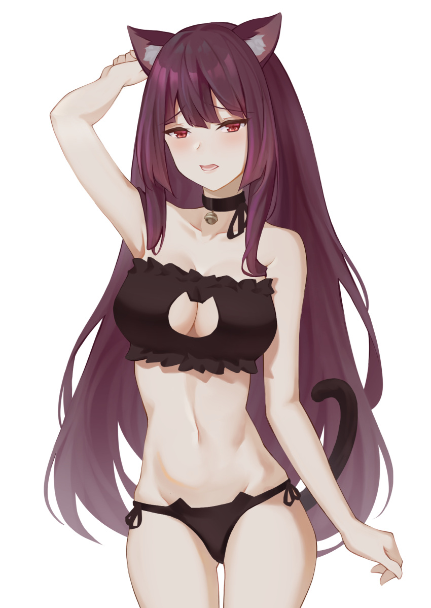 1girl animal_ears bangs bell bell_choker black_panties blush bra breasts cat_cutout cat_ear_panties cat_ears cat_lingerie choker cleavage cleavage_cutout eyebrows_visible_through_hair frilled_bra frills girls_frontline highres jingle_bell large_breasts lingerie long_hair looking_at_viewer meme_attire misaki159123 navel open_mouth panties paw_print purple_hair red_eyes side-tie_panties simple_background solo tail underwear underwear_only very_long_hair wa2000_(girls_frontline) white_background