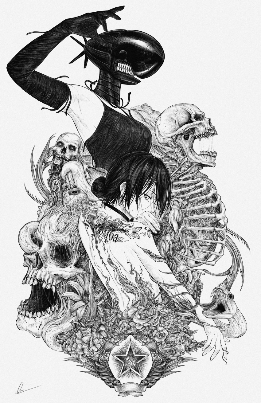 absurdres black_hair bomb bomb_devil_(chainsaw_man) breasts chainsaw_man choker elbow_gloves eyeball gloves greyscale highres looking_down marvin_(omarvin) medium_breasts medium_hair monochrome nuclear_weapon reze_(chainsaw_man) sharp_teeth simple_background skeleton skull snake star_(symbol) tattoo teeth topless white_background