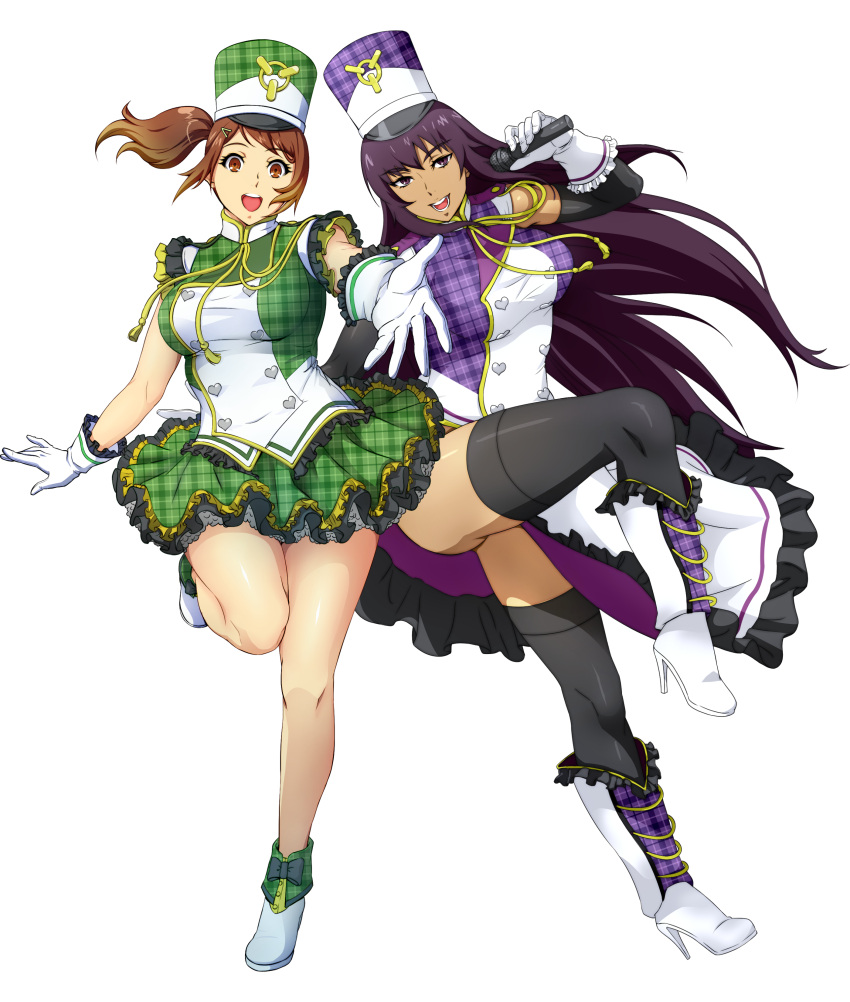 2girls absurdres amanomiya_ayame black_legwear boots brown_eyes brown_hair dress elbow_gloves gloves green_dress hair_ornament hairclip hat high_heels highres holding holding_microphone layered_gloves long_hair looking_at_viewer microphone multiple_girls official_art olive_oppert open_mouth outstretched_arm plaid plaid_dress plaid_footwear purple_dress purple_hair shako_cap side_ponytail sleeveless sleeveless_dress super_robot_wars super_robot_wars_x-omega thigh-highs transparent_background very_long_hair violet_eyes watanabe_wataru white_gloves