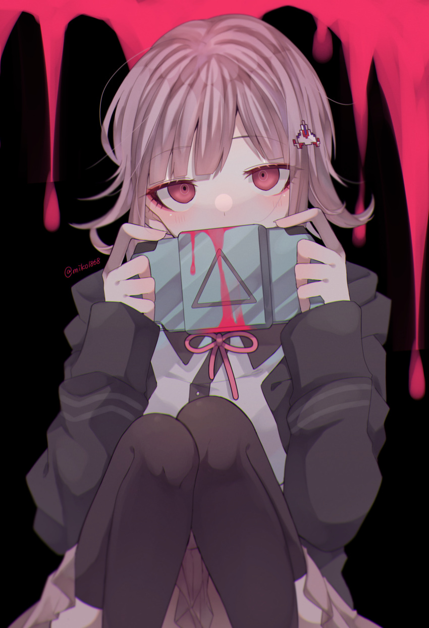 1girl absurdres artist_name bangs beige_skirt black_legwear blood blush commentary covering_mouth dangan_ronpa eyebrows_visible_through_hair flipped_hair hair_ornament hairclip handheld_game_console highres long_sleeves looking_at_viewer mikoshiba_m nanami_chiaki pink_blood pink_eyes pink_hair pink_ribbon ribbon shirt short_hair skirt solo super_dangan_ronpa_2 thigh-highs white_shirt