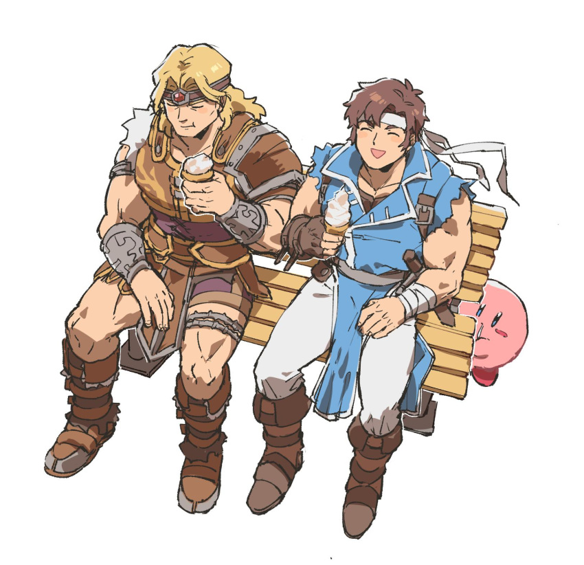 akiyoku armor belt blonde_hair blue_eyes brown_hair cape castlevania castlevania:_rondo_of_blood closed_eyes eating food gloves headband highres ice_cream kirby kirby_(series) long_hair male_focus multiple_boys muscle nintendo open_mouth richter_belmondo short_hair simon_belmondo smile super_smash_bros. weapon