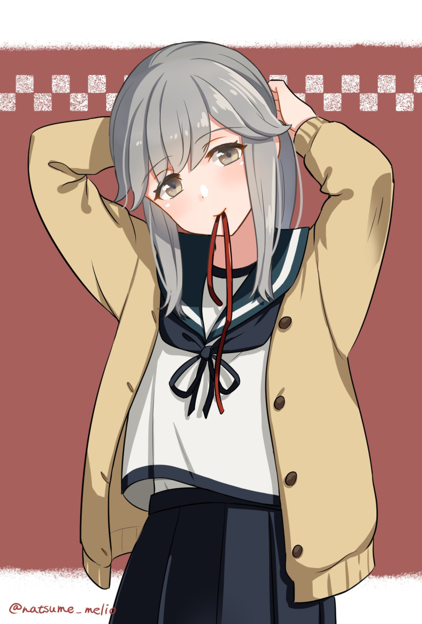 1girl beige_cardigan blue_sailor_collar blue_skirt brown_eyes cardigan commentary_request cowboy_shot dress grey_hair hair_ribbon highres holding holding_hair kantai_collection long_hair looking_at_viewer mouth_hold natsume_(natsume_melio) one-hour_drawing_challenge pleated_dress ribbon sailor_collar school_uniform serafuku skirt solo usugumo_(kancolle)