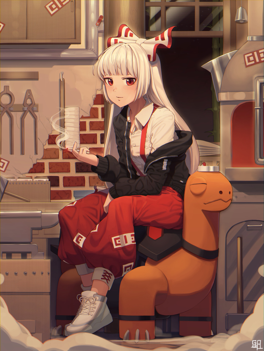 1girl absurdres baggy_pants bangs black_jacket blunt_bangs blush bow brick_wall creatures_(company) fujiwara_no_mokou full_body game_freak gen_3_pokemon goback hair_bow highres huge_filesize indoors jacket long_hair long_sleeves looking_at_viewer nintendo off_shoulder ofuda pants pokemon pokemon_(creature) red_eyes red_pants shirt shoes silver_hair sitting sneakers suspenders torkoal touhou white_bow white_footwear white_shirt window wing_collar