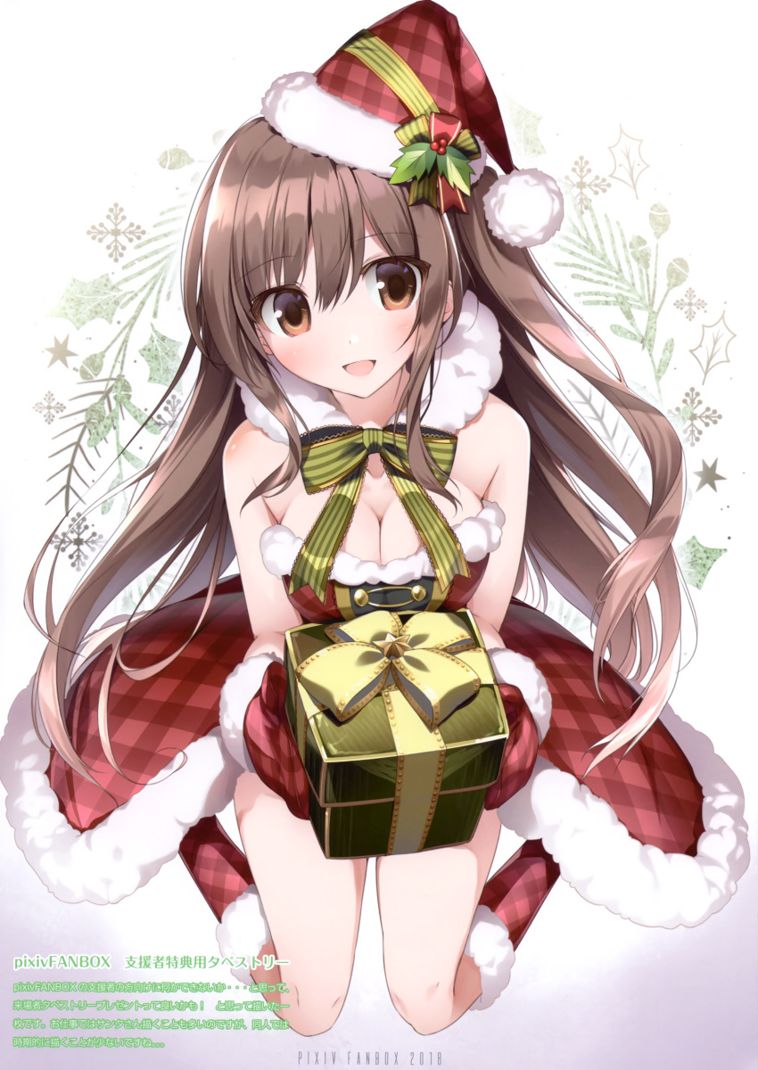 1girl 2018 absurdres bangs bare_shoulders blush boots bow bowtie box breasts brown_eyes brown_hair cleavage dress eyebrows_visible_through_hair full_body fur_collar gift gift_box gloves gradient gradient_background hat highres holding karory knee_boots kneeling long_hair looking_at_viewer medium_breasts open_mouth original pom_pom_(clothes) red_gloves santa_costume santa_hat scan shiny shiny_hair shiny_skin short_dress simple_background sleeveless solo strapless strapless_dress