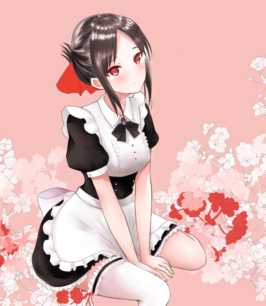 1girl absurdres alternate_costume apron asymmetrical_legwear bangs between_legs black_ribbon black_skirt black_sleeves blush bow brown_hair dress_shirt enmaided frilled_apron frilled_skirt frills hair_bow hand_between_legs highres kaguya-sama_wa_kokurasetai_~tensai-tachi_no_renai_zunousen~ looking_up maid miniskirt neck_ribbon parted_bangs pink_background red_bow red_eyes ribbon shiki_kayanotani shinomiya_kaguya shiny shiny_hair shirt short_hair short_sleeves single_thighhigh sitting skirt solo thigh-highs waist_apron wariza white_apron white_legwear white_shirt