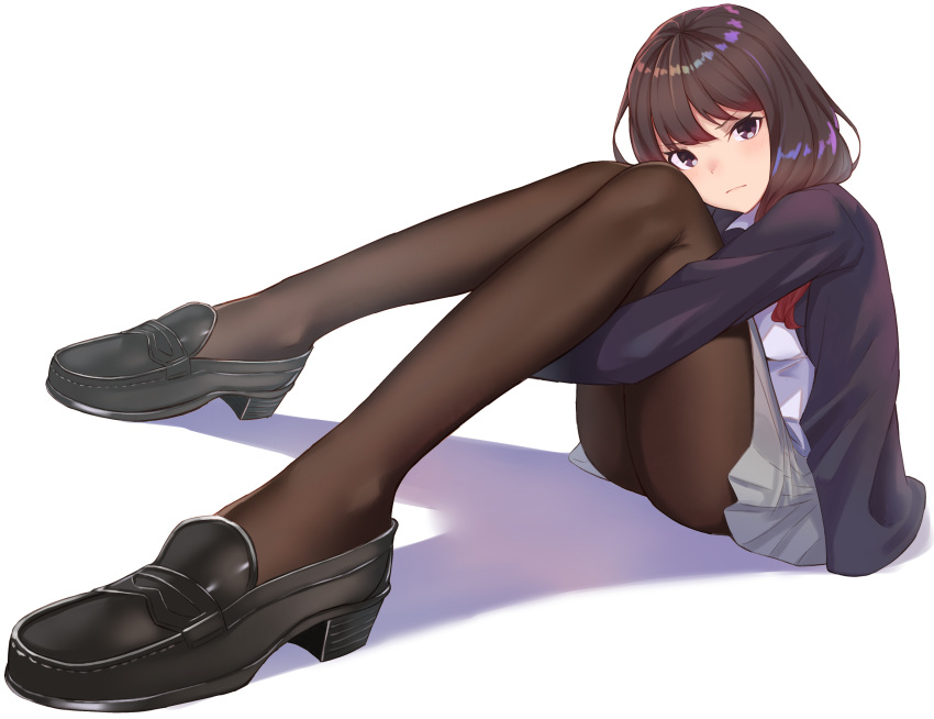 &gt;:( 1girl absurdres bangs black_footwear blue_jacket blush brown_eyes brown_hair commentary_request eyebrows_visible_through_hair fifty1202 foreshortening grey_skirt head_tilt highres holding_legs jacket knees_together_feet_apart legs loafers long_hair neckwear open_clothes open_jacket original pantyhose pleated_skirt red_neckwear sheer_legwear shiny shiny_hair shirt shoes simple_background sitting skirt solo swept_bangs white_background white_shirt