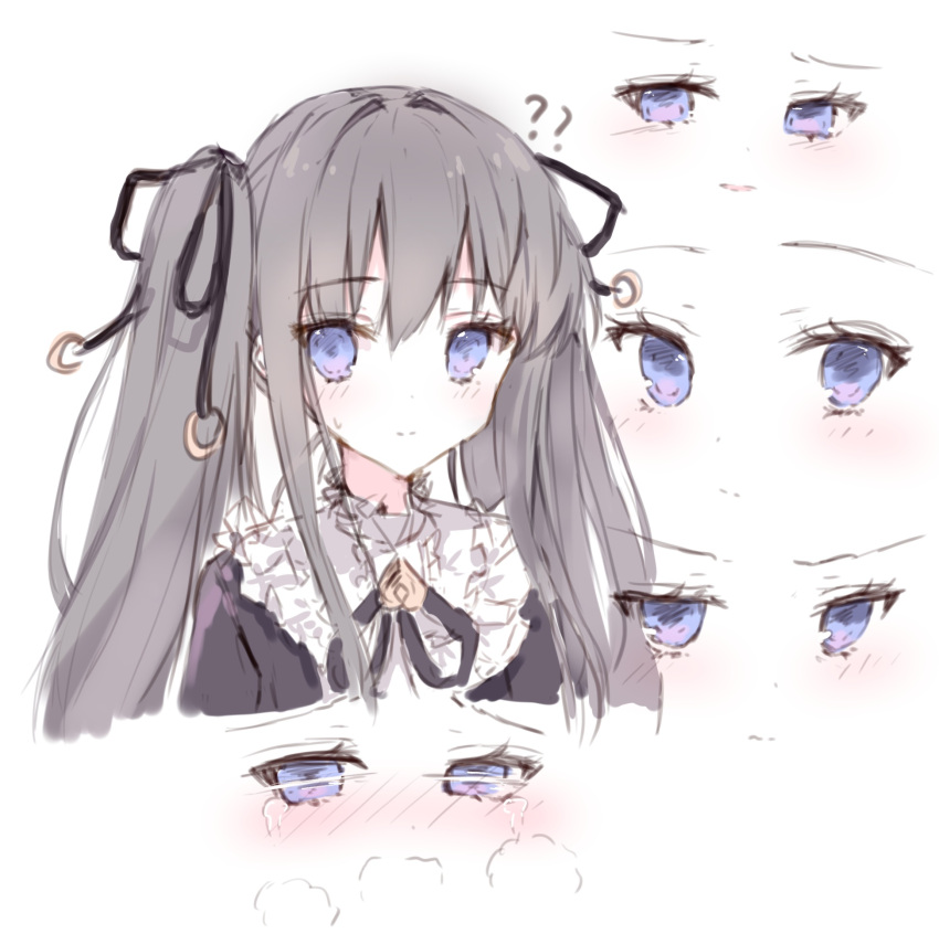 1girl ?? arcaea bangs black_ribbon black_shirt blush closed_mouth commentary cropped_torso crying crying_with_eyes_open eyebrows_visible_through_hair grey_hair hair_between_eyes hair_ribbon highres long_hair multiple_views nose_blush parted_lips ribbon shirt smile sweat tairitsu_(arcaea) tandohark tears twintails upper_body v-shaped_eyebrows violet_eyes wavy_mouth white_background