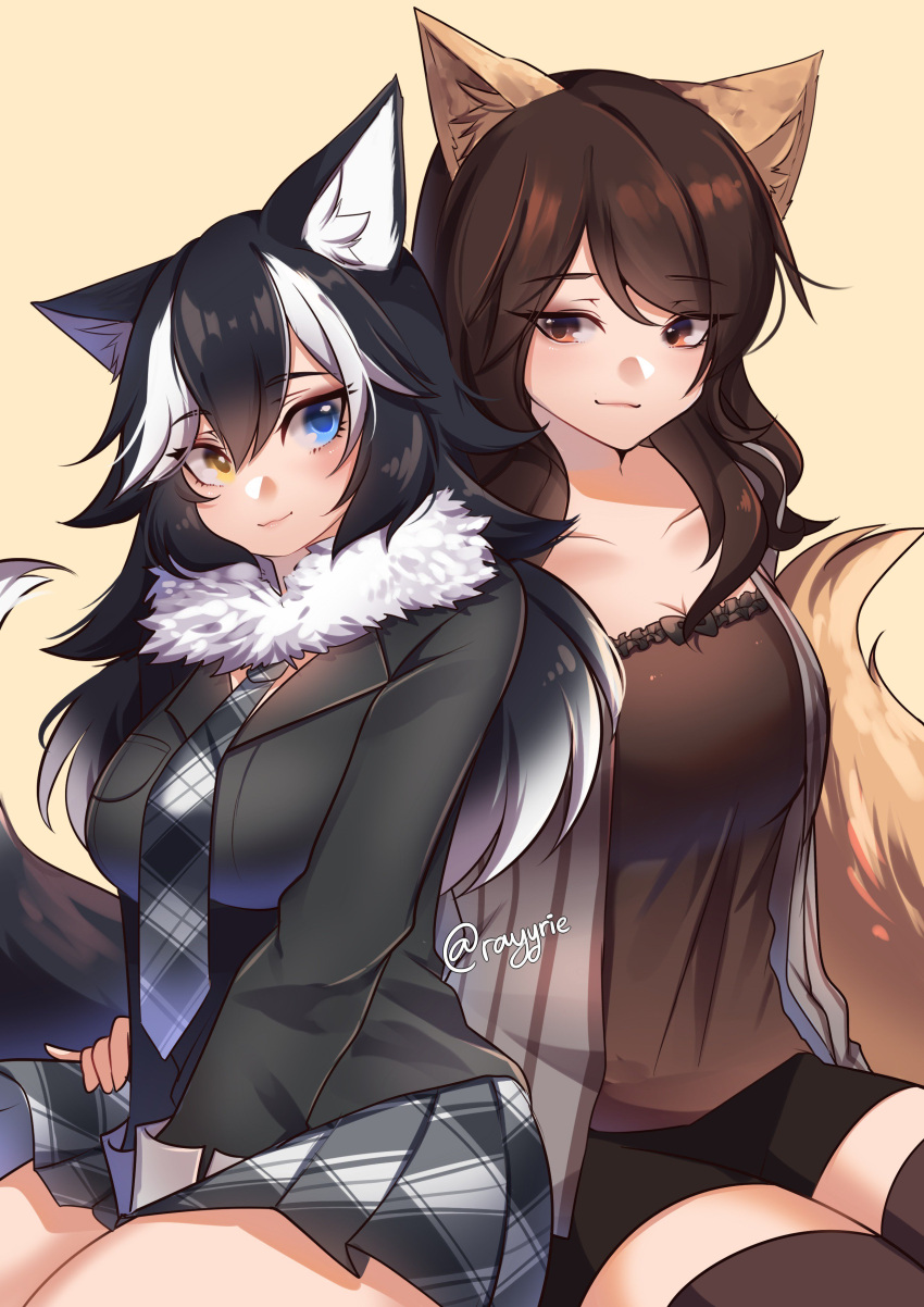 2girls absurdres animal_ears black_hair blue_eyes breasts brown_eyes brown_hair commission dog_ears dog_girl dog_tail eyebrows_visible_through_hair grey_wolf_(kemono_friends) hair_between_eyes hand_on_another's_hip heterochromia highres kemono_friends large_breasts looking_at_another looking_to_the_side multicolored_hair multiple_girls necktie ray_rie simple_background sitting skirt smile tail thigh-highs thighs white_hair wolf_ears wolf_girl wolf_tail yellow_eyes