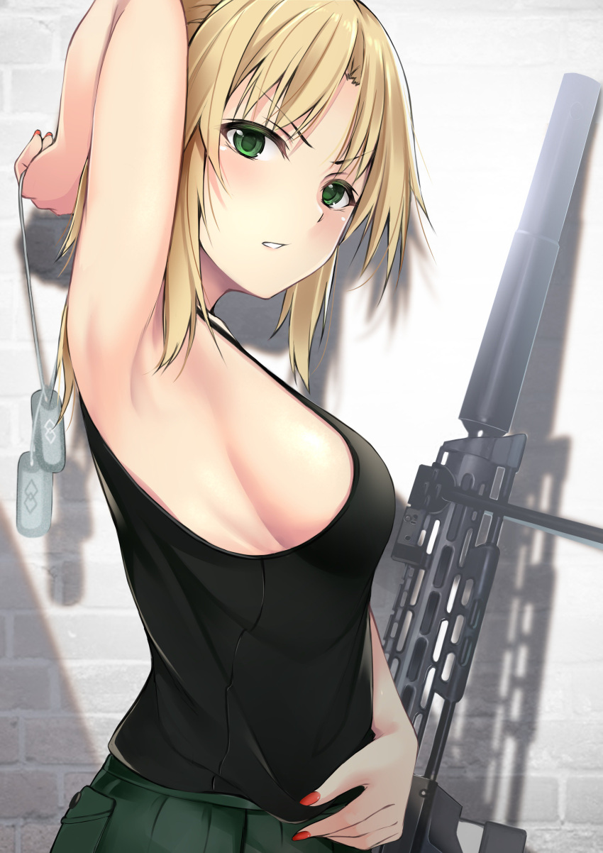 1girl absurdres arm_behind_head armpits black_tank_top blonde_hair breasts brick_wall commentary_request dog_tags from_side green_eyes gun hazuki_gyokuto highres looking_at_viewer medium_breasts nail_polish original red_nails rifle sideboob solo suppressor tank_top upper_body v-shaped_eyebrows weapon