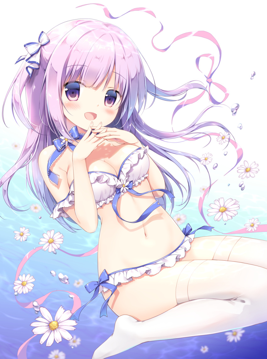 1girl :d air_bubble bangs bikini blue_bow blush bow breasts bubble cleavage commentary_request eyebrows_visible_through_hair fingernails flower frilled_bikini frills hair_between_eyes hair_bow hands_up head_tilt highres interlocked_fingers long_hair looking_at_viewer medium_breasts miyasaka_nako no_shoes open_mouth original purple_hair red_eyes red_ribbon ribbon sitting smile solo strapless strapless_bikini striped striped_bow swimsuit thigh-highs two_side_up very_long_hair wariza water white_background white_bikini white_bow white_flower white_legwear