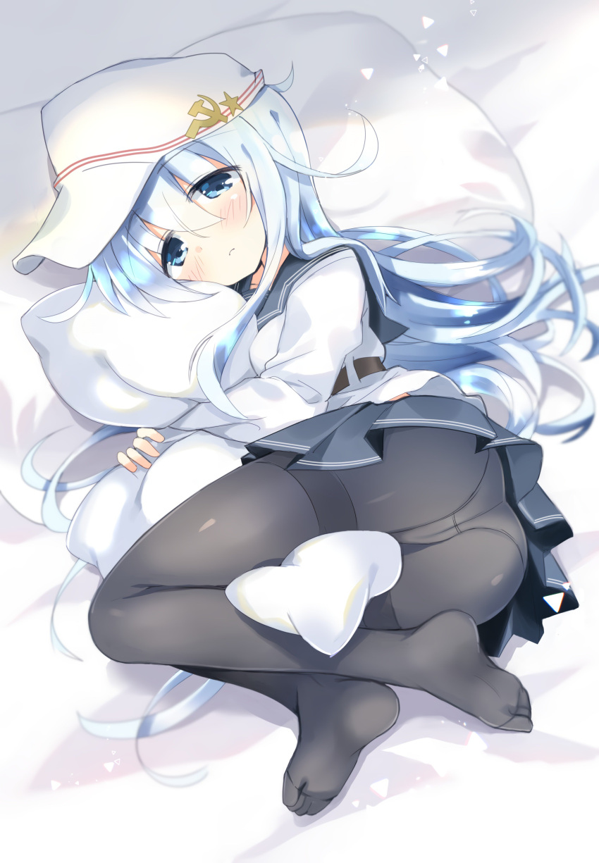 1girl absurdres black_legwear black_sailor_collar black_skirt blue_eyes commentary_request flat_cap full_body hammer_and_sickle hat hibiki_(kantai_collection) highres hizuki_yayoi kantai_collection long_hair looking_at_viewer lying panties panties_under_pantyhose pantyhose pillow pillow_hug pleated_skirt remodel_(kantai_collection) sailor_collar school_uniform serafuku silver_hair skirt solo thighband_pantyhose underwear verniy_(kantai_collection) white_headwear