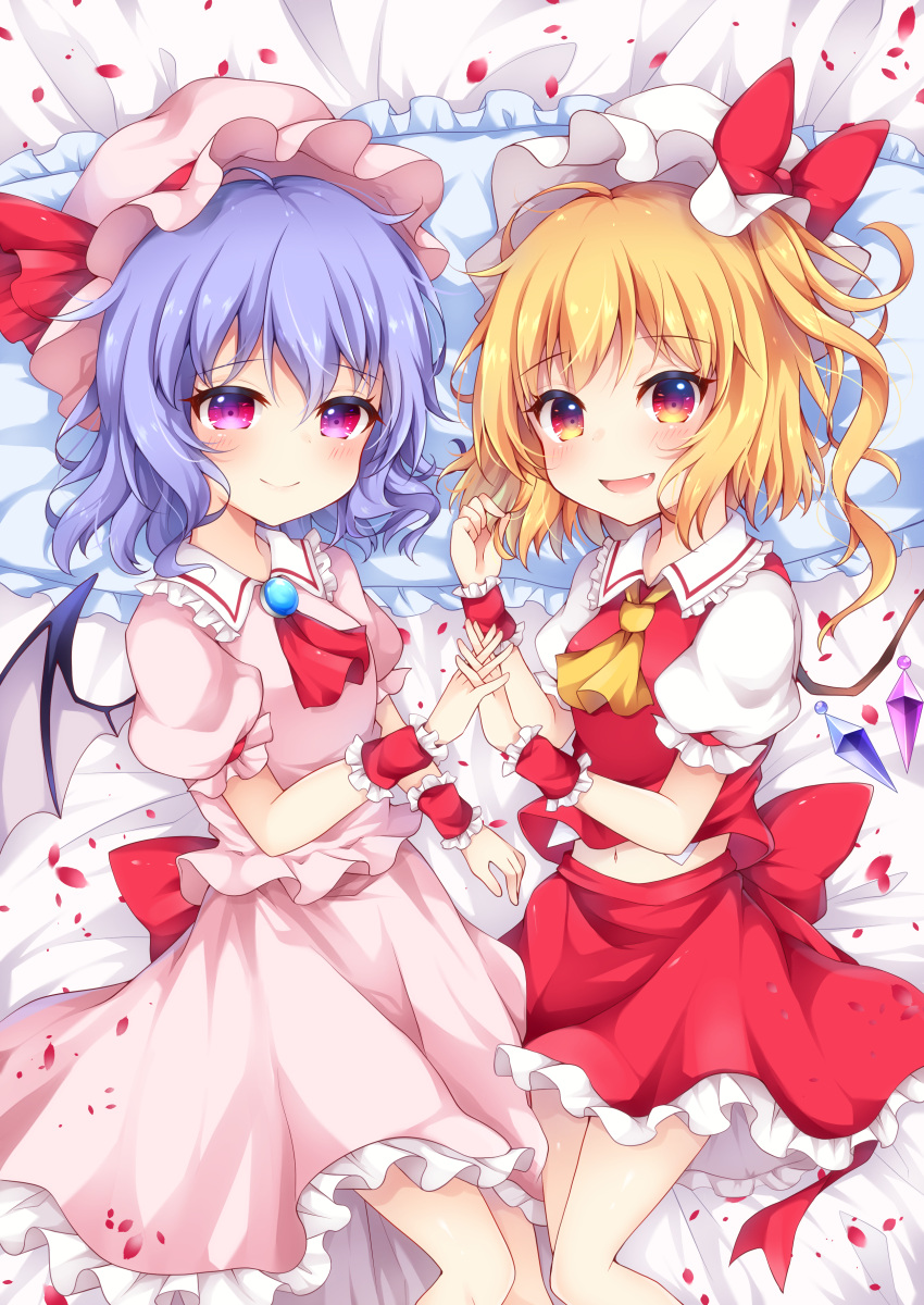 2girls :d absurdres ascot bangs bat_wings bed_sheet blonde_hair blue_hair blush bow breasts brooch commentary_request dress eyebrows_visible_through_hair fang feet_out_of_frame flandre_scarlet frilled_pillow frilled_shirt_collar frills hair_between_eyes hand_holding hand_up hat hat_bow hat_ribbon highres interlocked_fingers jewelry looking_at_viewer lying midriff_peek miy@ mob_cap multiple_girls navel on_back one_side_up open_mouth petals petticoat pillow pink_dress pink_eyes pink_headwear puffy_short_sleeves puffy_sleeves red_bow red_eyes red_neckwear red_ribbon red_skirt remilia_scarlet ribbon rose_petals shirt short_hair short_sleeves siblings sisters skirt skirt_set small_breasts smile touhou white_headwear white_shirt wings wrist_cuffs yellow_neckwear