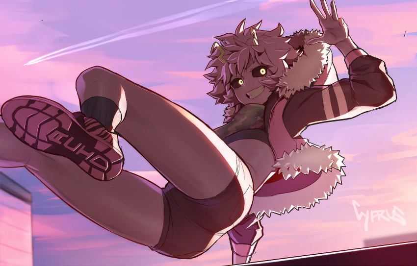 1girl alternate_costume artist_name ashido_mina black_sclera boku_no_hero_academia breasts brown_jacket commentary cyfrus foot_out_of_frame fur_trim grin highres horns jacket looking_at_viewer outdoors pink_hair pink_shorts pink_skin purple_skin shoes short_hair short_shorts shorts small_breasts smile socks solo yellow_eyes