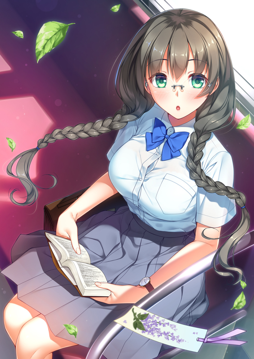 1girl :o bag bangs black_hair blush book bookmark braid breasts collared_shirt day floating_hair glasses green_eyes grey_skirt highres holding holding_book imachireki interior large_breasts leaves_in_wind long_hair looking_at_viewer open_book open_mouth original pleated_skirt rimless_eyewear school_bag shirt short_sleeves sidelocks silver-framed_eyewear sitting skirt solo twin_braids watch watch white_shirt wind