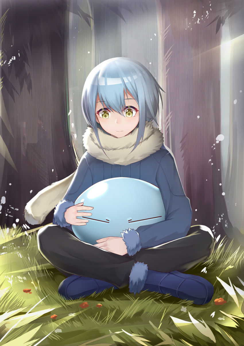 1girl absurdres black_pants blue_coat blue_footwear blue_hair boots forest fur_boots fur_coat green_eyes grey_scarf highres indian_style looking_down nature outdoors pants rimuru_tempest scarf shiny shiny_hair short_hair sitting solo tensei_shitara_slime_datta_ken xie_wang