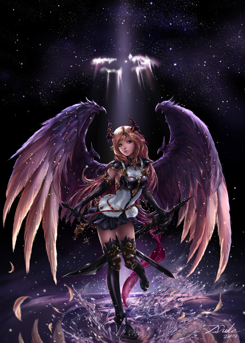 1girl angel artist_name bangs black_background black_footwear black_gloves black_legwear blue_skirt breasts commentary dark_angel_olivia dated dual_wielding elbow_gloves feathers full_body gloves granblue_fantasy high_heels highres holding holding_sword holding_weapon horns light light_brown_hair long_hair looking_at_viewer medium_breasts red_eyes revision shadowverse sidelocks skirt solo splashing standing standing_on_one_leg sword thigh-highs thighs water weapon wings zduke