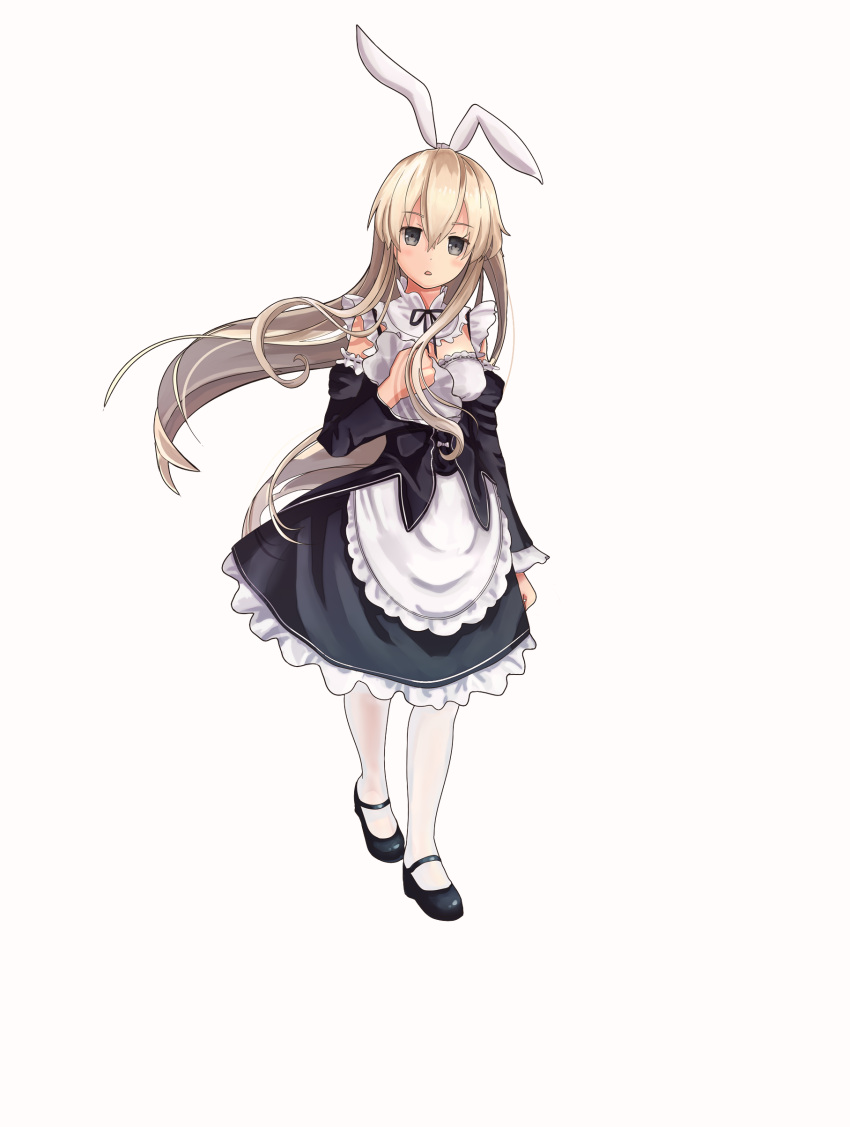 1girl absurdres alternate_costume animal_ears apron black_dress black_footwear blonde_hair blush breasts cake_no_shaberu cleavage cosplay detached_sleeves dress enmaided eyebrows_visible_through_hair flower frilled_apron frills full_body grey_eyes hair_between_eyes highres kantai_collection long_hair maid maid_apron maid_headdress multiple_girls open_mouth ponytail rabbit_ears re:zero_kara_hajimeru_isekai_seikatsu shimakaze_(kantai_collection) shoes simple_background small_breasts smile solo waist_apron white_apron white_background