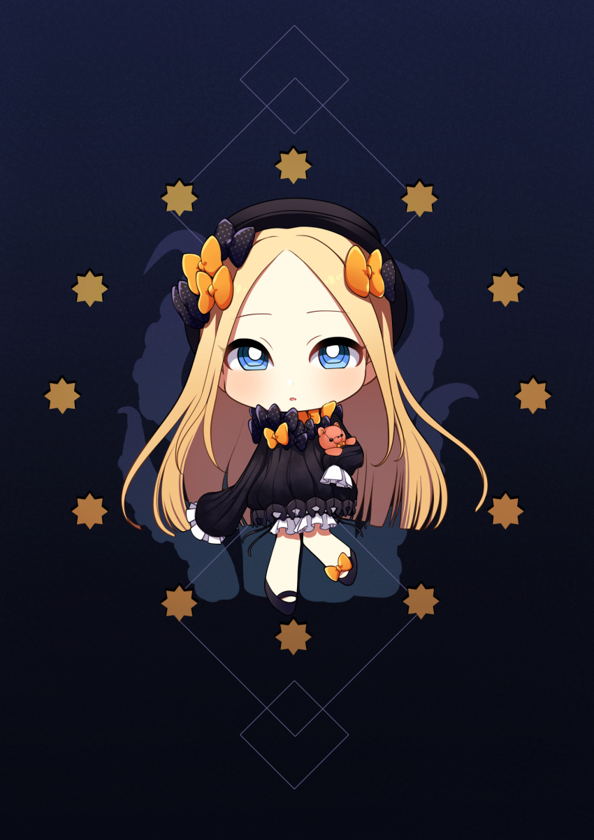 1girl abigail_williams_(fate/grand_order) akirai bangs black_background black_bow black_dress black_footwear black_headwear blonde_hair bloomers blue_eyes blush bow bug butterfly commentary_request dress eyebrows_visible_through_hair fate/grand_order fate_(series) forehead hair_bow hat highres insect long_hair long_sleeves object_hug orange_bow parted_bangs parted_lips polka_dot polka_dot_bow shoes sleeves_past_fingers sleeves_past_wrists solo stuffed_animal stuffed_toy suction_cups teddy_bear tentacle underwear very_long_hair white_bloomers