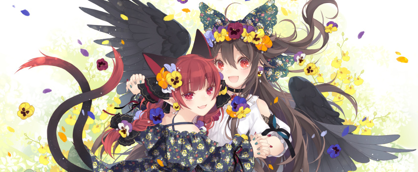 2girls :d adapted_costume ahoge animal_ears bangs bare_shoulders black_choker black_dress black_hair black_ribbon black_wings blue_flower bow braid cat_ears cat_tail choker dress eyebrows_visible_through_hair feathered_wings floral_print flower from_behind green_bow hair_between_eyes hair_bow hair_flower hair_ornament hair_ribbon half_updo hand_holding highres interlocked_fingers kaenbyou_rin long_hair long_sleeves looking_at_viewer looking_back multiple_girls multiple_tails nail_polish nekomata off-shoulder_dress off_shoulder open_mouth orange_flower petals pointy_ears puffy_short_sleeves puffy_sleeves purple_flower red_eyes red_nails redhead reiuji_utsuho ribbon shirt short_sleeves shoulder_cutout sidelocks smile tail touhou toutenkou twin_braids twintails two_tails upper_body very_long_hair white_background white_shirt wings yellow_flower