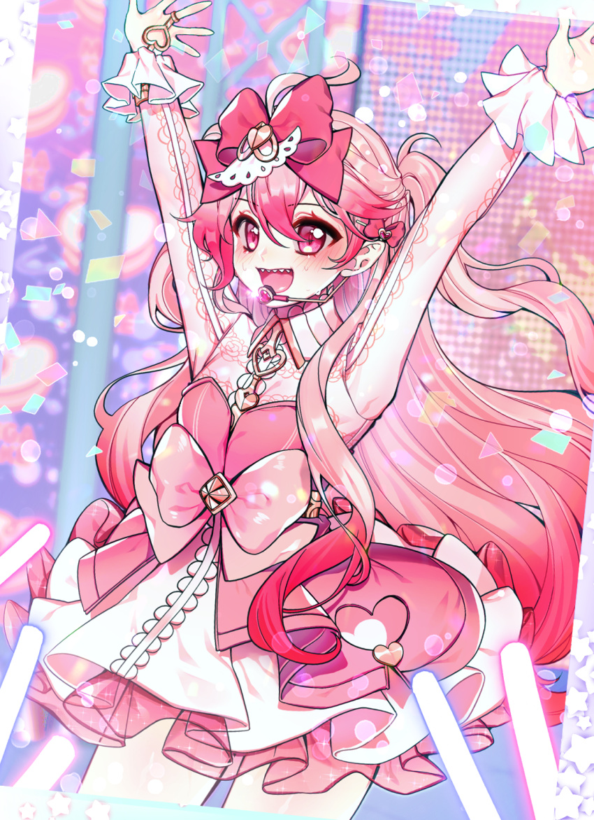 1girl :d ahoge arms_up blush bow cowboy_shot dress elsword frills glowstick hair_bow half_updo headset highres idol laby_(elsword) layered_dress long_hair looking_at_viewer open_mouth pink_bow pink_dress pink_eyes pink_hair pink_theme ponytail rimsuk sharp_teeth smile solo standing sweat teeth waist_bow