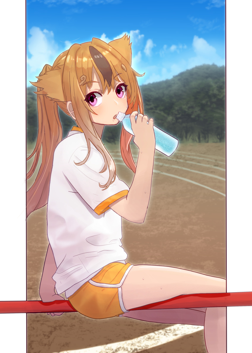 1girl absurdres alternate_costume animal_ears bare_legs bottle brown_hair circlet commentary_request drinking extra_ears eyebrows_visible_through_hair fang golden_snub-nosed_monkey_(kemono_friends) gym_uniform highres kemono_friends long_ponytail monkey_ears multicolored_hair no_tail open_mouth orange_hair ponta_(matsuokazieg) red_eyes shirt short_shorts short_sleeves shorts sidelocks sitting solo sweatdrop t-shirt water_bottle