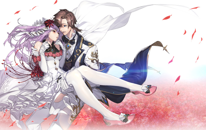 1boy 1girl absurdres blue_eyes bride brown_hair carrying dress dress_flower elbow_gloves eye_contact flower formal gloves gold_trim groom hair_flower hair_ornament hetero highres jukebox_(hsy7582) king's_raid looking_at_another pantyhose parted_lips pink_footwear princess_carry purple_hair red_eyes simple_background spider_lily standing suit white_background white_dress white_gloves white_legwear