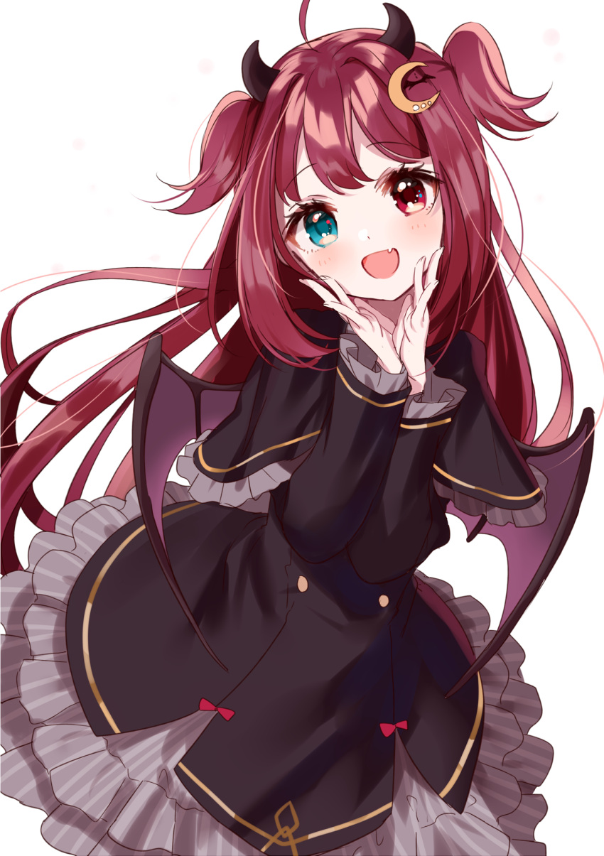 1girl :d ahoge bangs black_capelet black_dress blue_eyes blush brown_wings capelet crescent crescent_hair_ornament demon_girl demon_horns demon_wings dress eyebrows_visible_through_hair fang fingernails frilled_capelet frilled_dress frills hair_ornament hands_up head_tilt heterochromia highres horns looking_at_viewer misumi_(macaroni) nijisanji open_mouth red_eyes redhead simple_background smile solo two_side_up virtual_youtuber white_background wings yuzuki_roa
