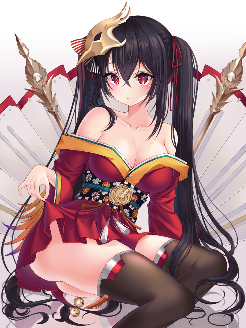 1girl absurdres ahoge azur_lane bangs bare_shoulders black_hair black_legwear blush breasts cleavage collarbone eyebrows_visible_through_hair feather_trim hair_between_eyes hair_ribbon highres huge_breasts japanese_clothes kimono large_breasts lifted_by_self long_hair looking_at_viewer mask mask_on_head nowsicaa open_mouth pleated_skirt red_eyes red_kimono ribbon rigging sitting skirt skirt_lift solo taihou_(azur_lane) thigh-highs thighs twintails very_long_hair yokozuwari