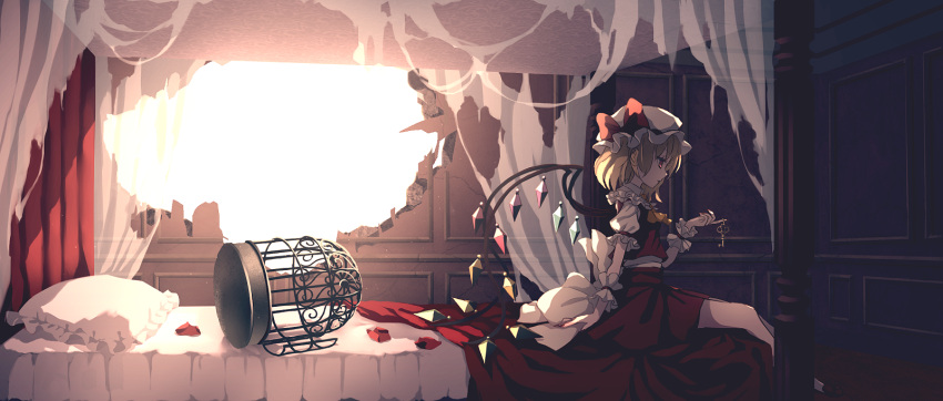 1girl ascot bed birdcage blonde_hair bow cage commentary_request crystal curtains dise flandre_scarlet frilled_shirt_collar frills from_side hat hat_bow highres holding_key miniskirt mob_cap pillow profile red_bow red_eyes red_skirt red_vest shirt short_hair sitting skirt skirt_set solo touhou vest white_headwear white_shirt wings wrist_cuffs yellow_neckwear