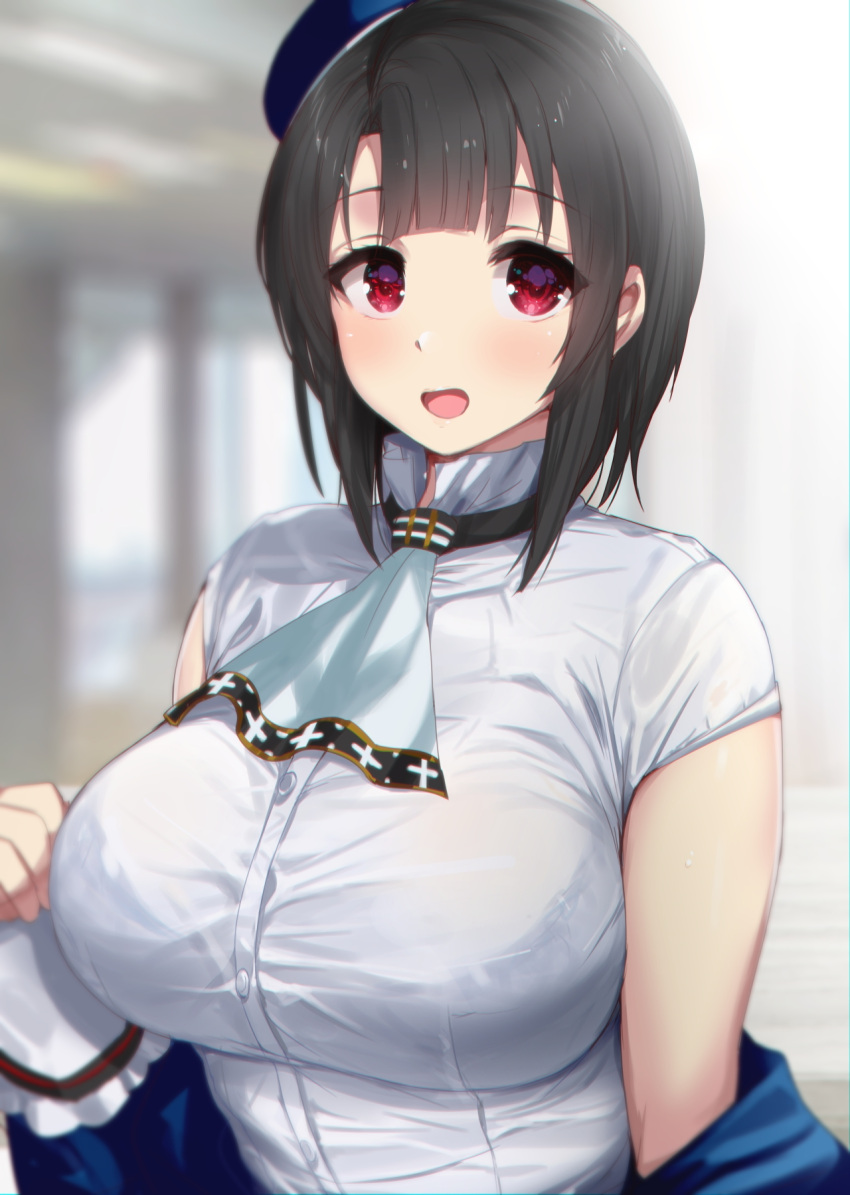 1girl bangs black_hair blush bra breasts closed_mouth commentary_request eyebrows_visible_through_hair hair_between_eyes highres kantai_collection lace lace-trimmed_bra large_breasts looking_at_viewer red_eyes see-through_silhouette shirt short_hair smile solo sweat takao_(kantai_collection) underwear upper_body wet white_shirt